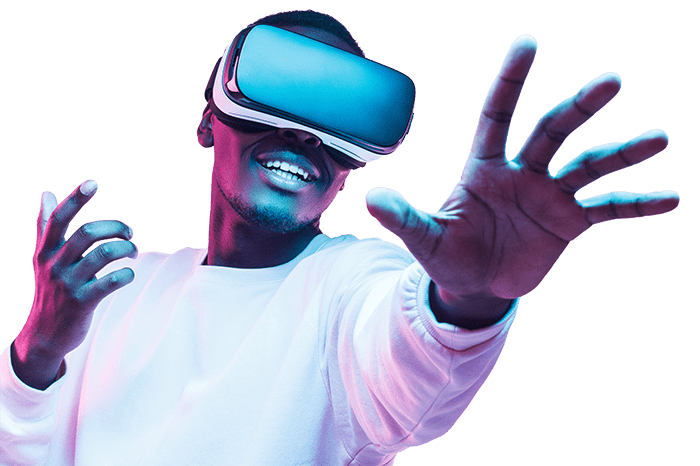African-man-in-vr-glasses,-playing-video-games-with-virtual-reality-headset,-trying-to-touch-metaverse