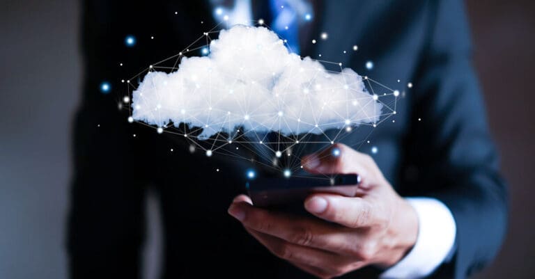 Cloud computing concept - connect to cloud. Businessman or information technologist.