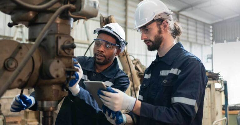 Two male engineers in uniform with helmet checking and repairing drilling machines at factory Industrial.