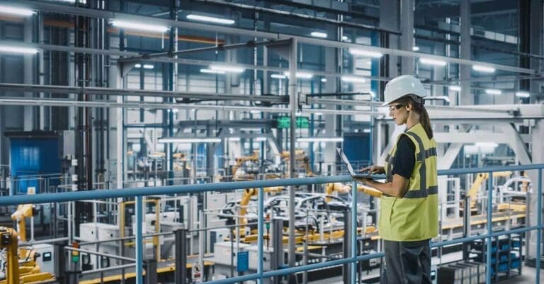 Female Car Factory Engineer in High Visibility Vest Using Laptop Computer.