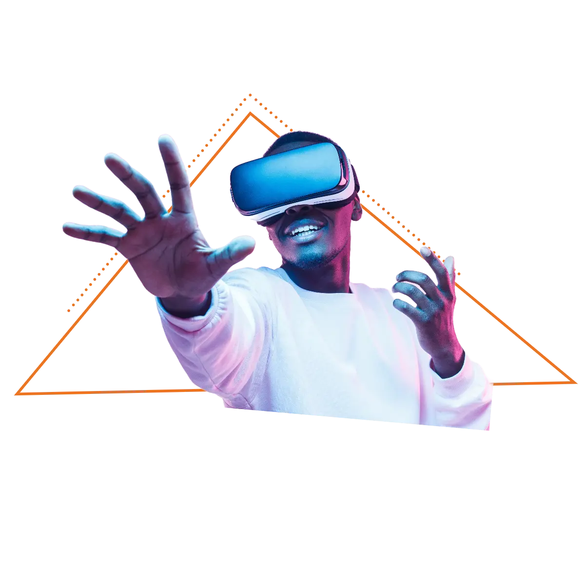 Man wearing VR set reaching through triangle 3D concept