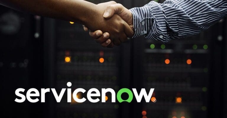 ServiceNow logo over two hands shaking in front of technology