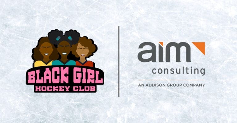 Black Girl Hockey Club & AIM Consulting logos on ice rink backdrop
