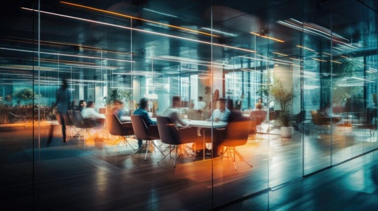 Long exposure shot of group of people in a meeting room, business concept