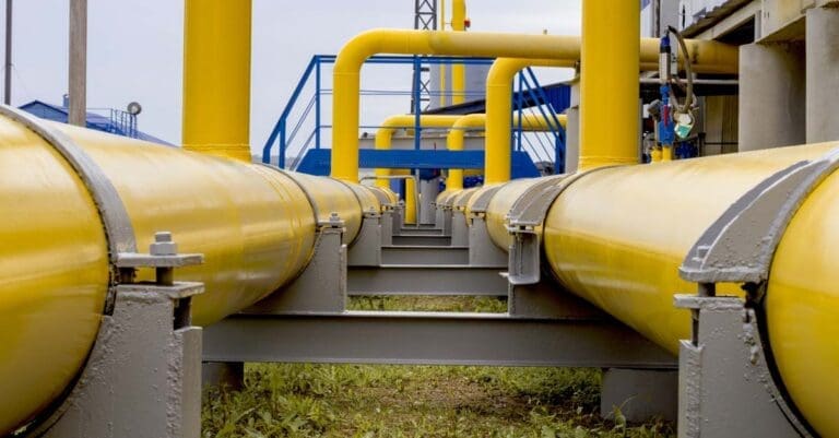 Yellow pipes and equipment at natural gas treatment plant