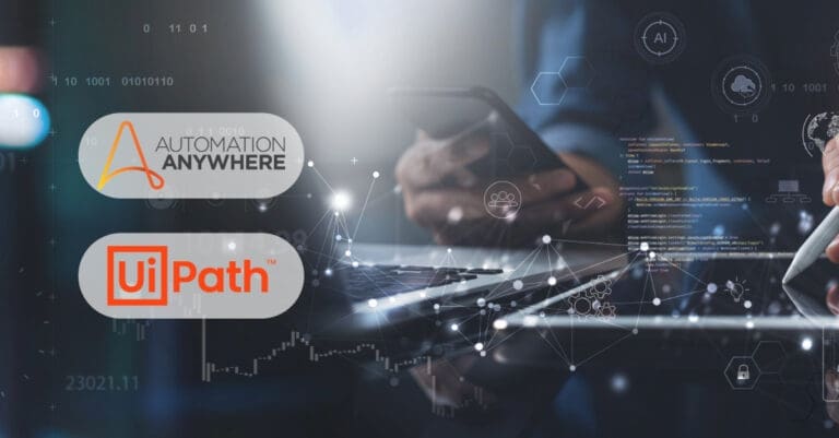 UiPath and Automation Anywhere logos on tech background