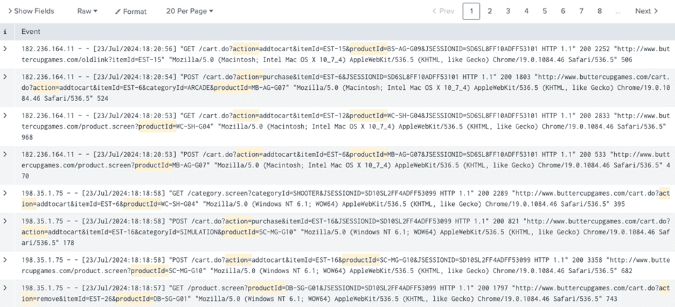 output of a query without enhancements in Splunk