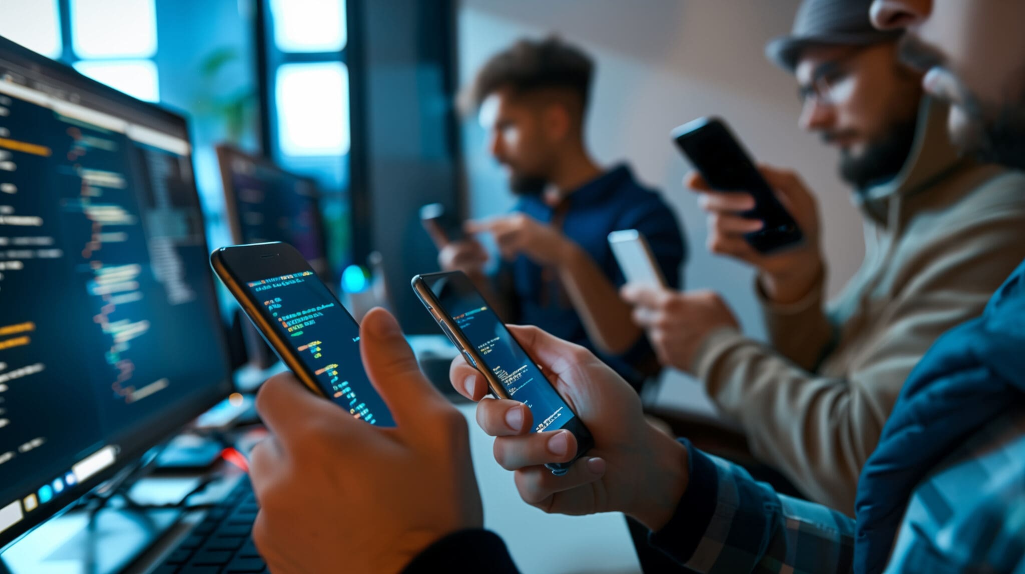 Team of young professional business developpers, programmers and coders, working and coding with computers and smartphones