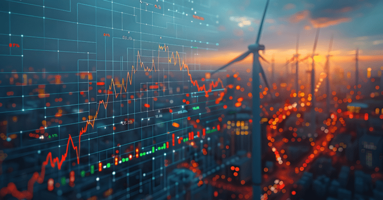 image of windmills overlaid with financial graphs