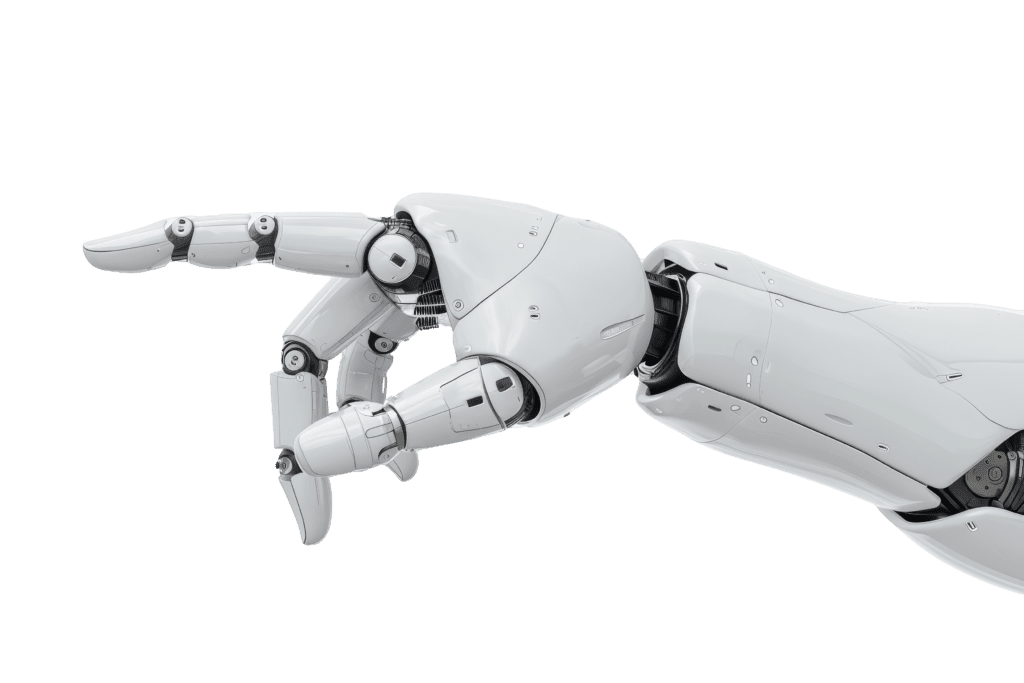 futuristic robot hand with a pointed index finger suggesting navigation or guidance on a white background