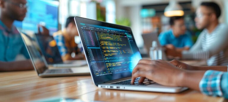 a close-up image of a software tester typing on a laptop with testing software on the screen,