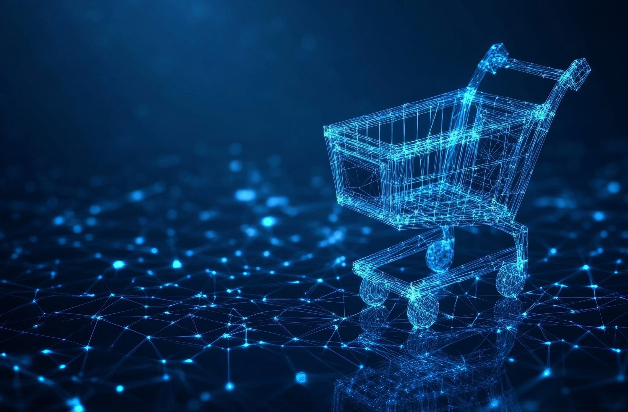 Abstract shopping cart in low poly on dark blue technology background
