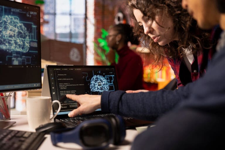 Coworkers doing brainstorming in AI tech agency