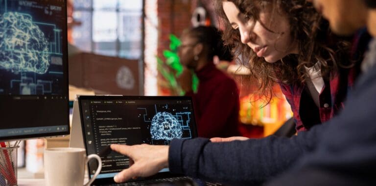 Coworkers doing brainstorming in AI tech agency