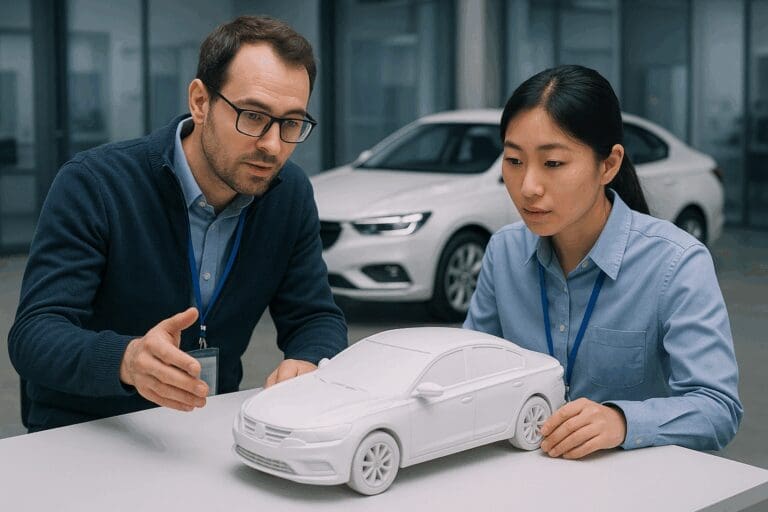 two people with a clay model car