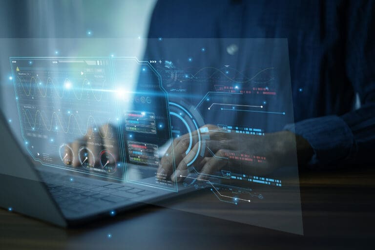 Modern data scientist working on artificial intelligence interface with real-time coding, algorithm optimization, and data-driven decision making.