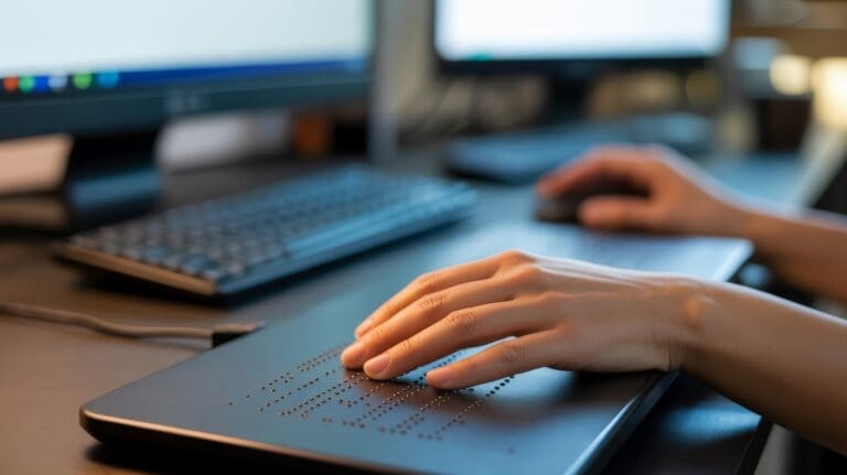 A person reads braille on a digital device, highlighting accessibility technology for visually impaired users in a modern workspace.