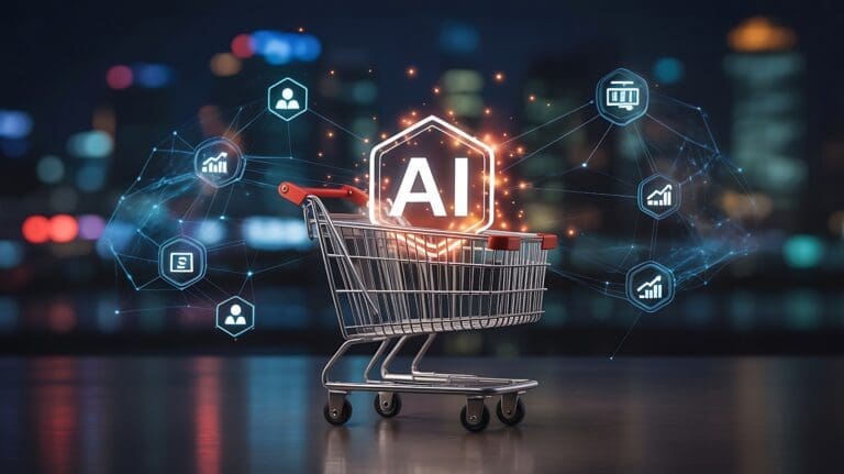 Shopping cart with glowing AI hexagon and surrounding digital icons trolley artificial intelligence
