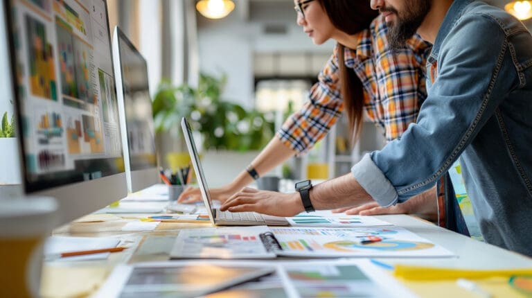 Creative Team Collaborating on Web Design Project in Modern Office