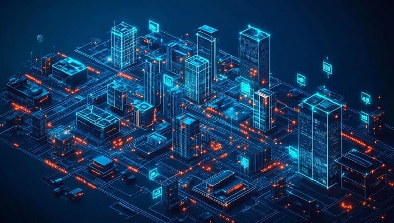 Conceptual diagram of a company’s digital transformation blueprint featuring intricate networked pathways and data nodes representing AI, IoT devices, and scalable big data solutions.