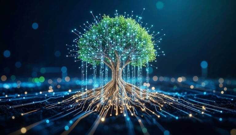 Digital Growth: AI Tree with Glowing Circuit Roots